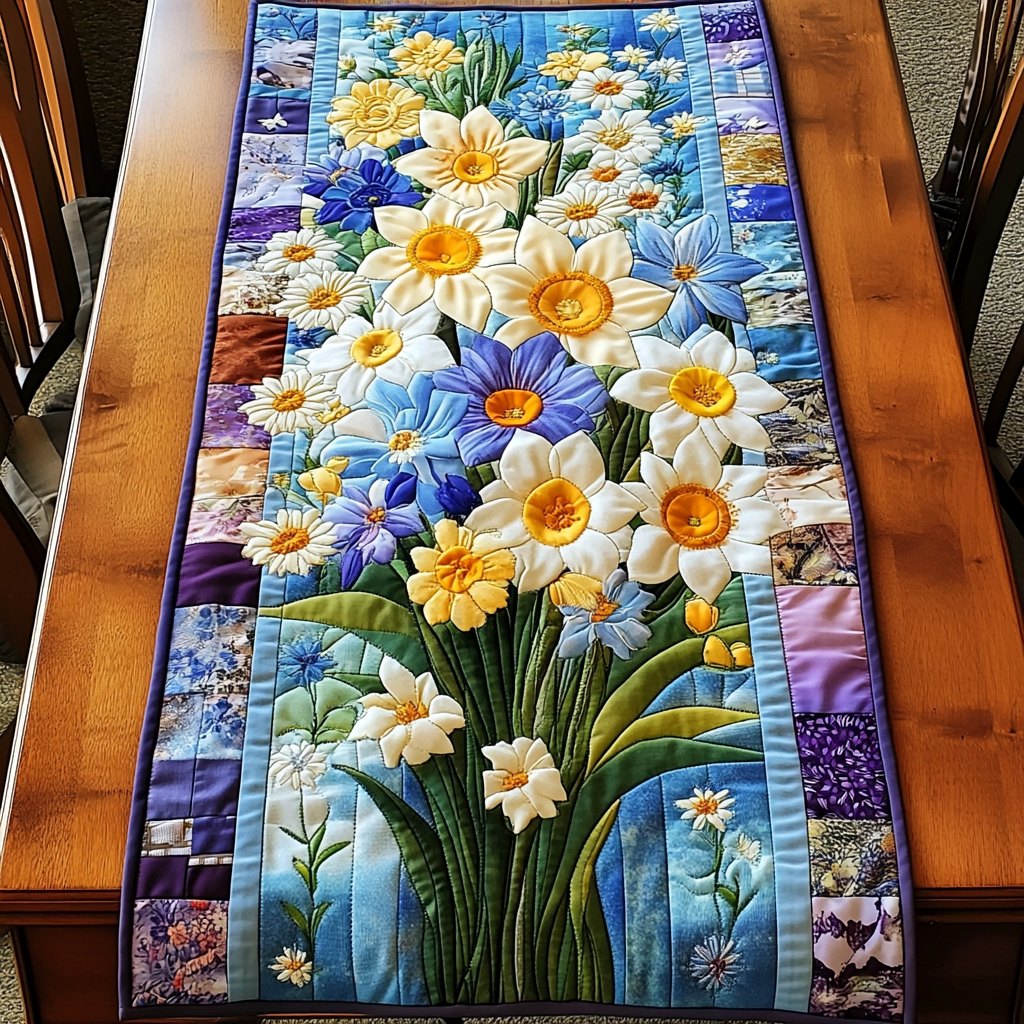Daffodils on Blue Panel Table Runner
