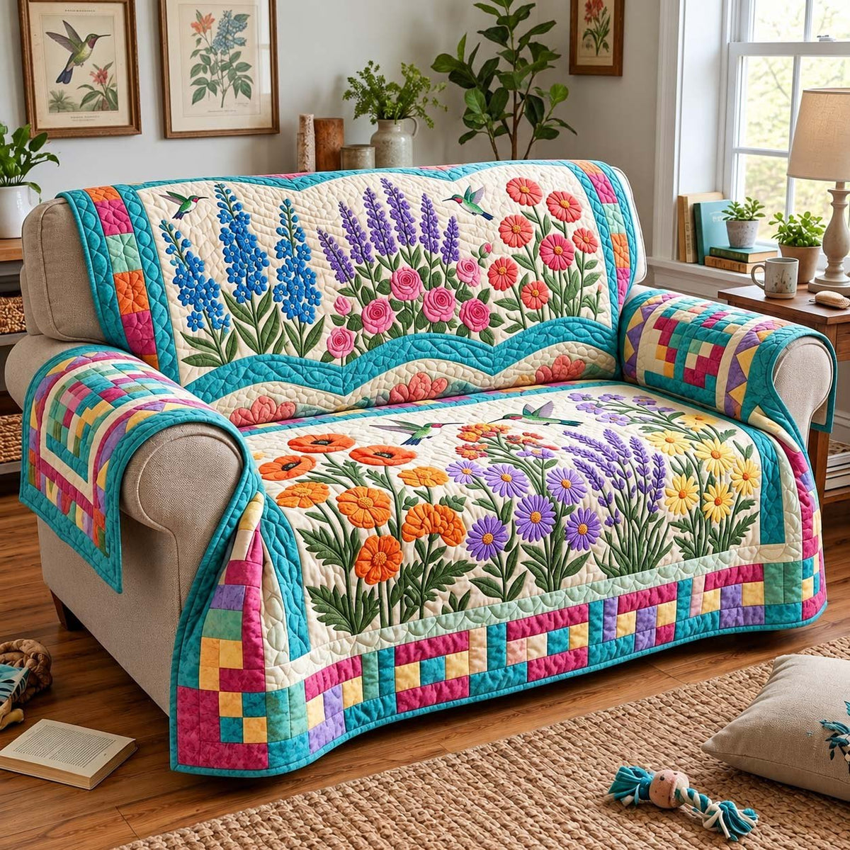 Spring Garden Hummingbirds Sofa Cover