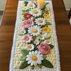 Daisies and Pink Roses on Cream Table Runner