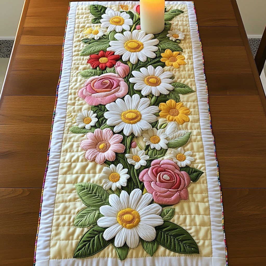 Daisies and Pink Roses on Cream Table Runner