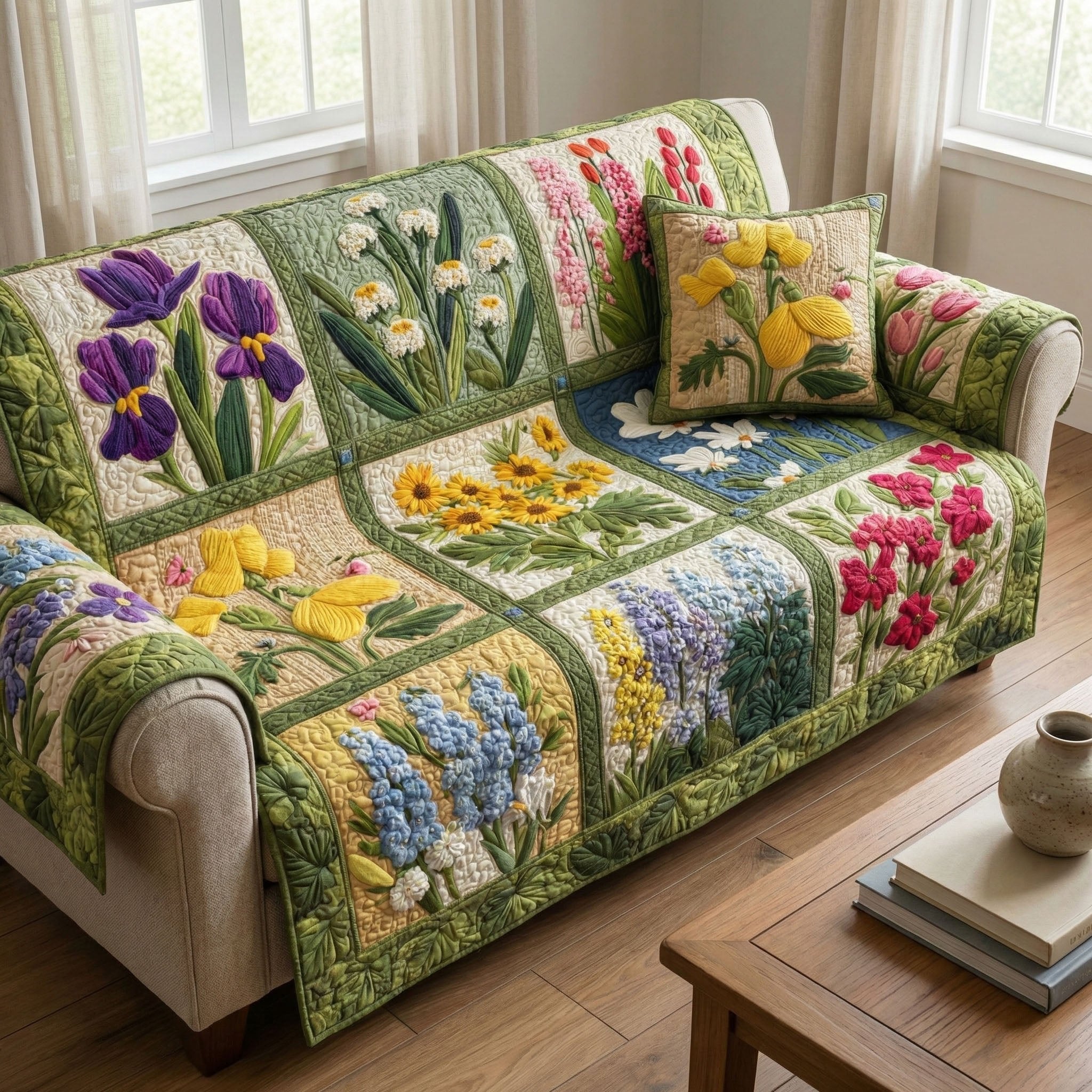Spring Flowers in Green Garden Blocks Sofa Cover