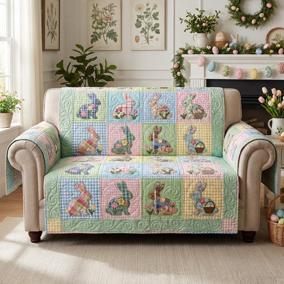 Pastel Bunny Blocks on Gingham Sofa Cover