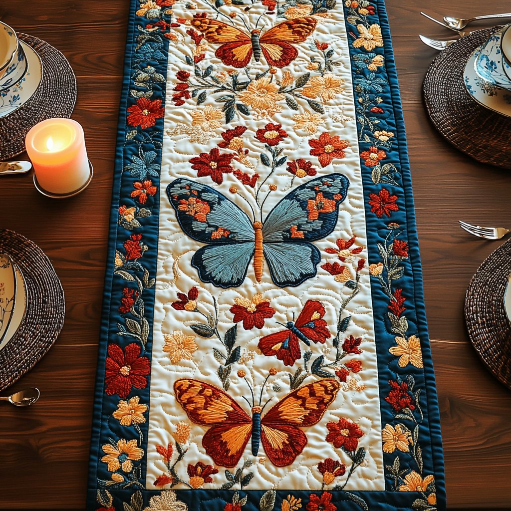 Butterflies with Red Flowers on Cream Table Runner