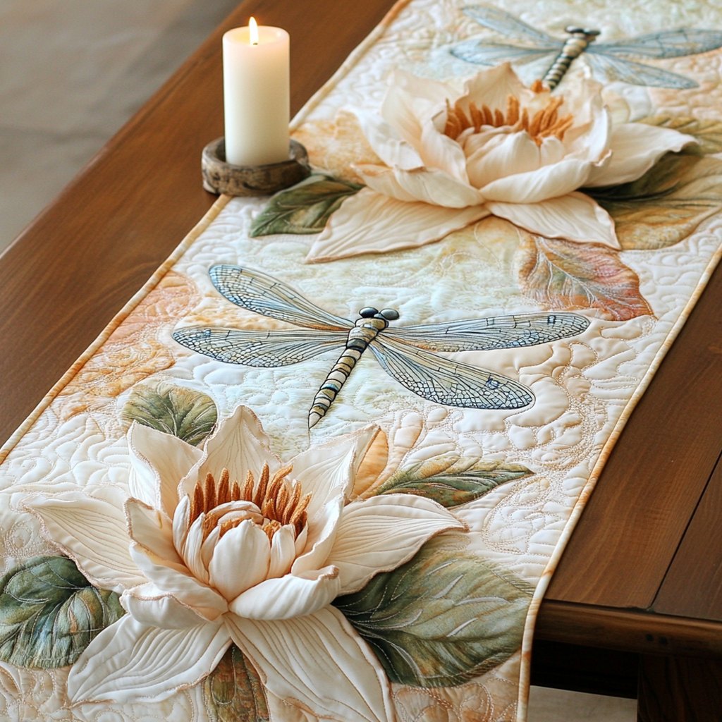 Dragonfly with White Lotus Bloom Table Runner