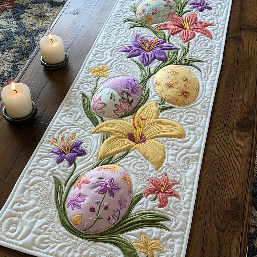 Easter Eggs with Lilies on Cream Table Runner