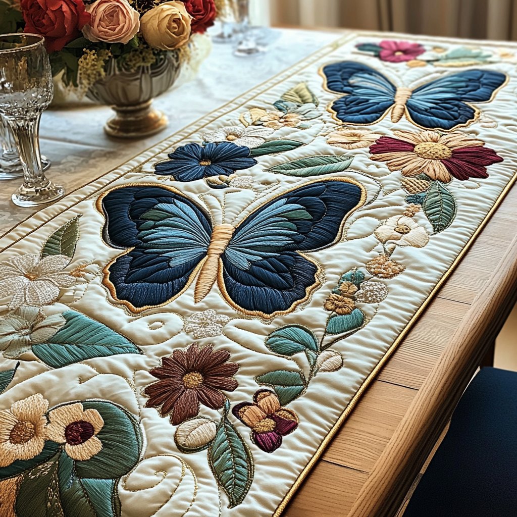 Blue Butterfly on Cream Panel Table Runner