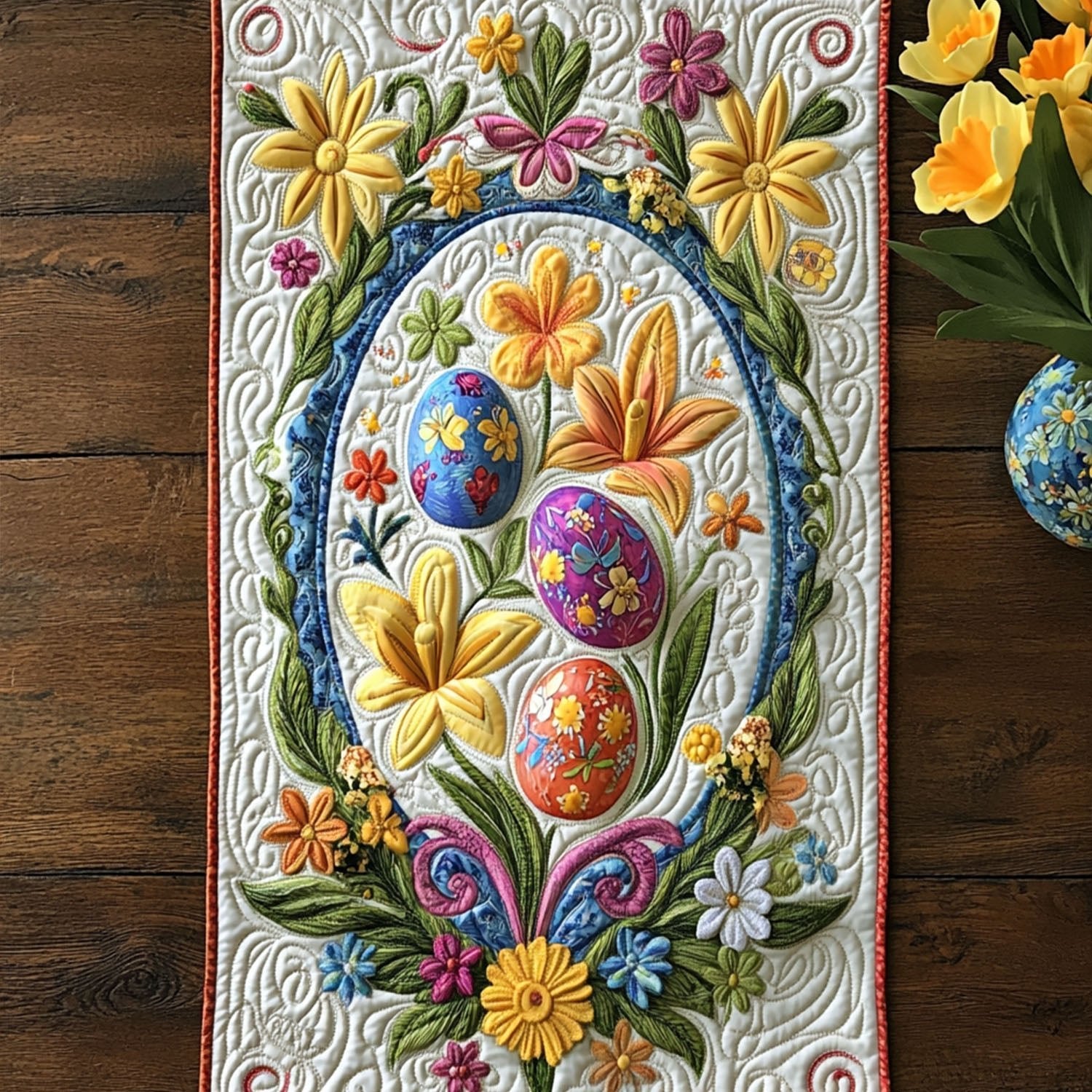 Easter Eggs in an Oval Wreath Table Runner
