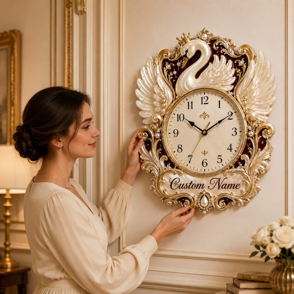 Crowned swan Custom Name Wall Clock — personalized with a custom name