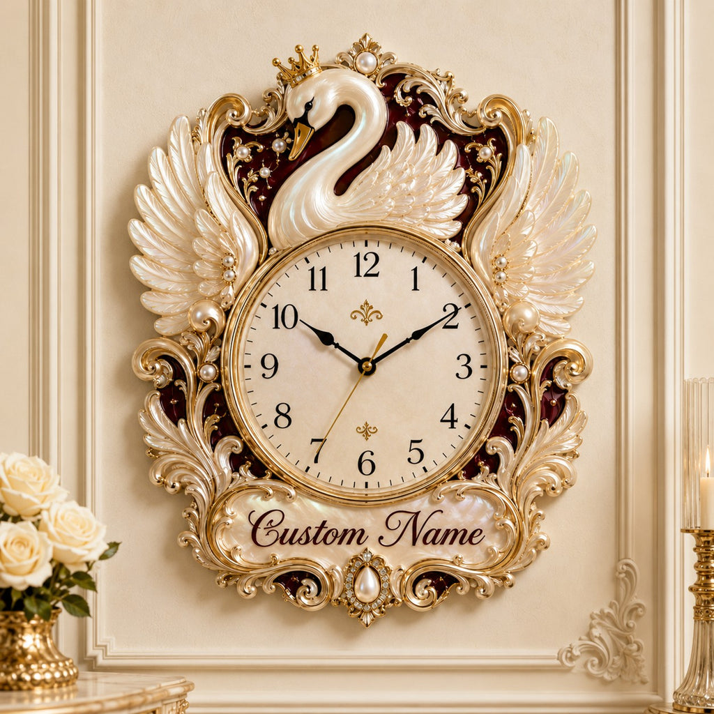 Crowned swan Custom Name Wall Clock — personalized with a custom name