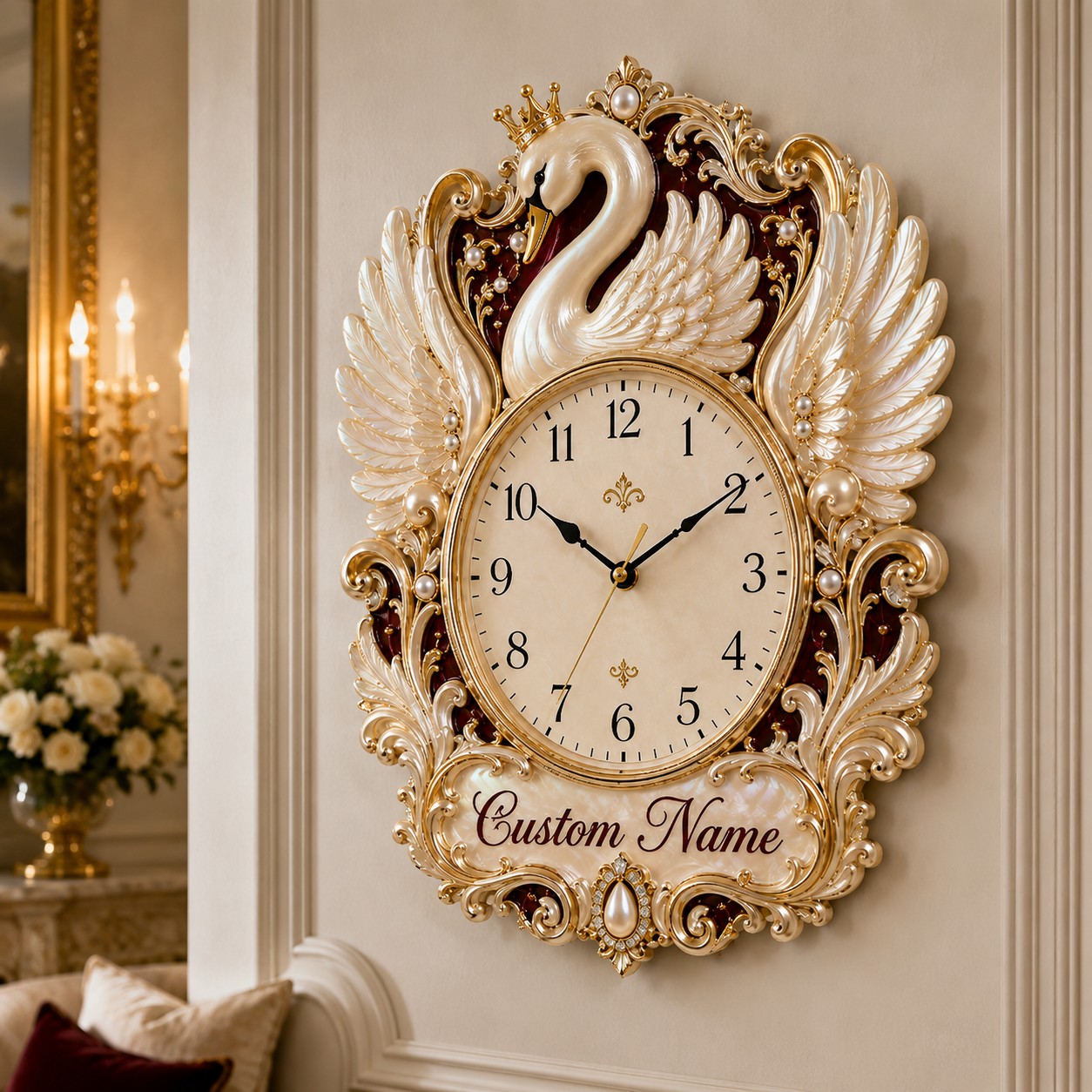 Crowned swan Custom Name Wall Clock — personalized with a custom name