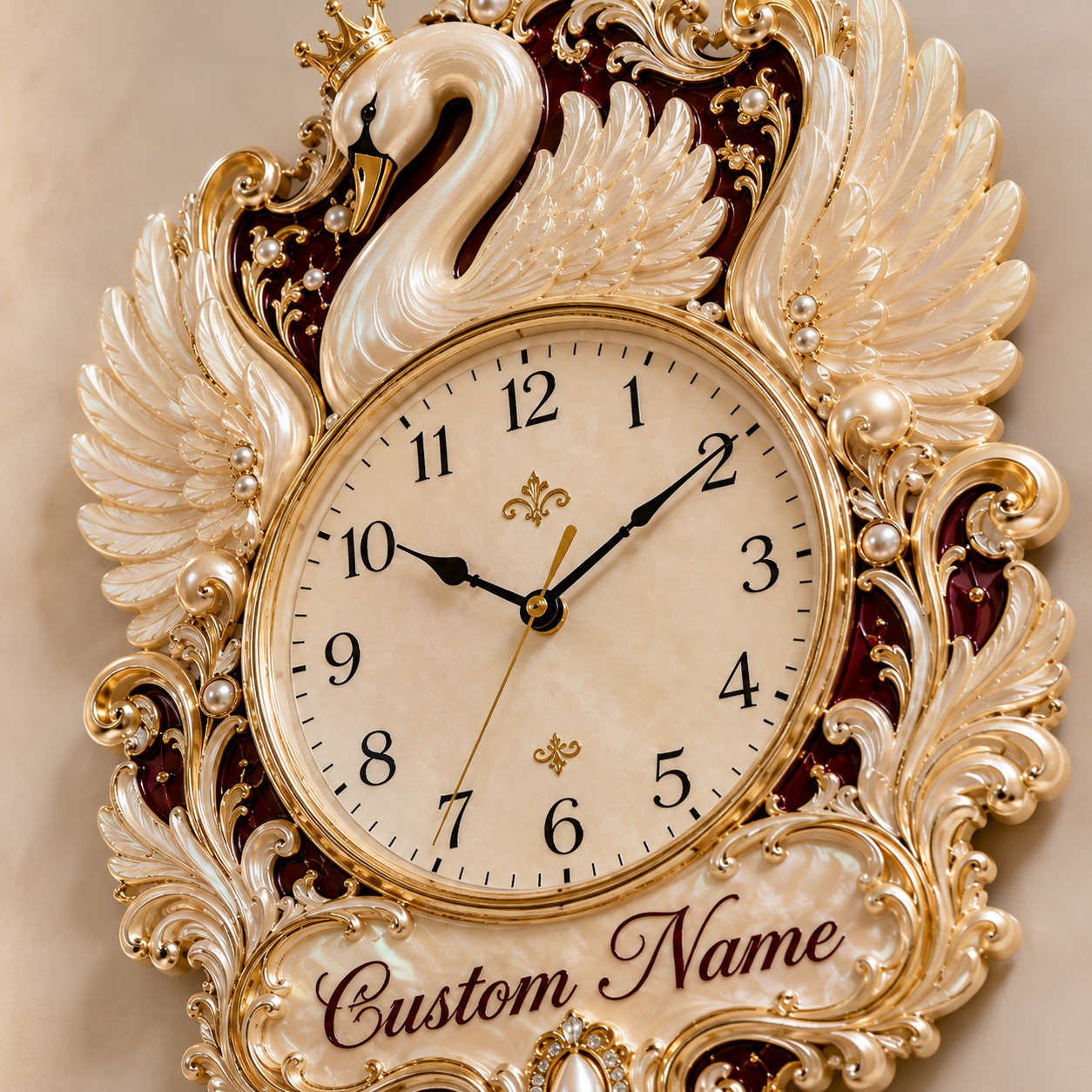 Crowned swan Custom Name Wall Clock — personalized with a custom name