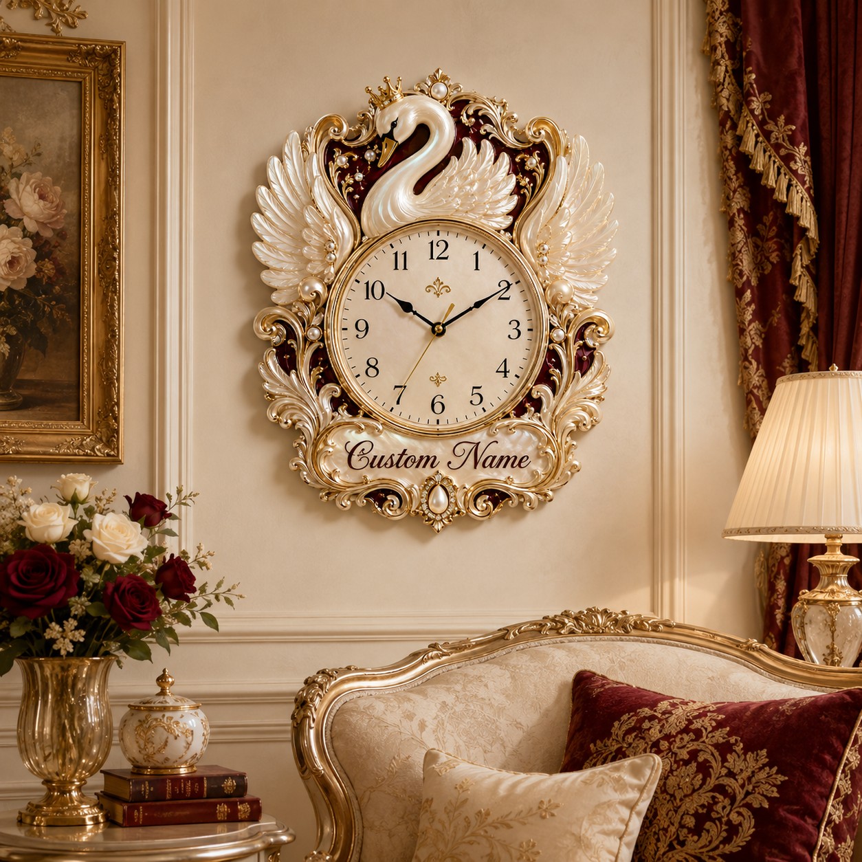 Crowned swan Custom Name Wall Clock — personalized with a custom name