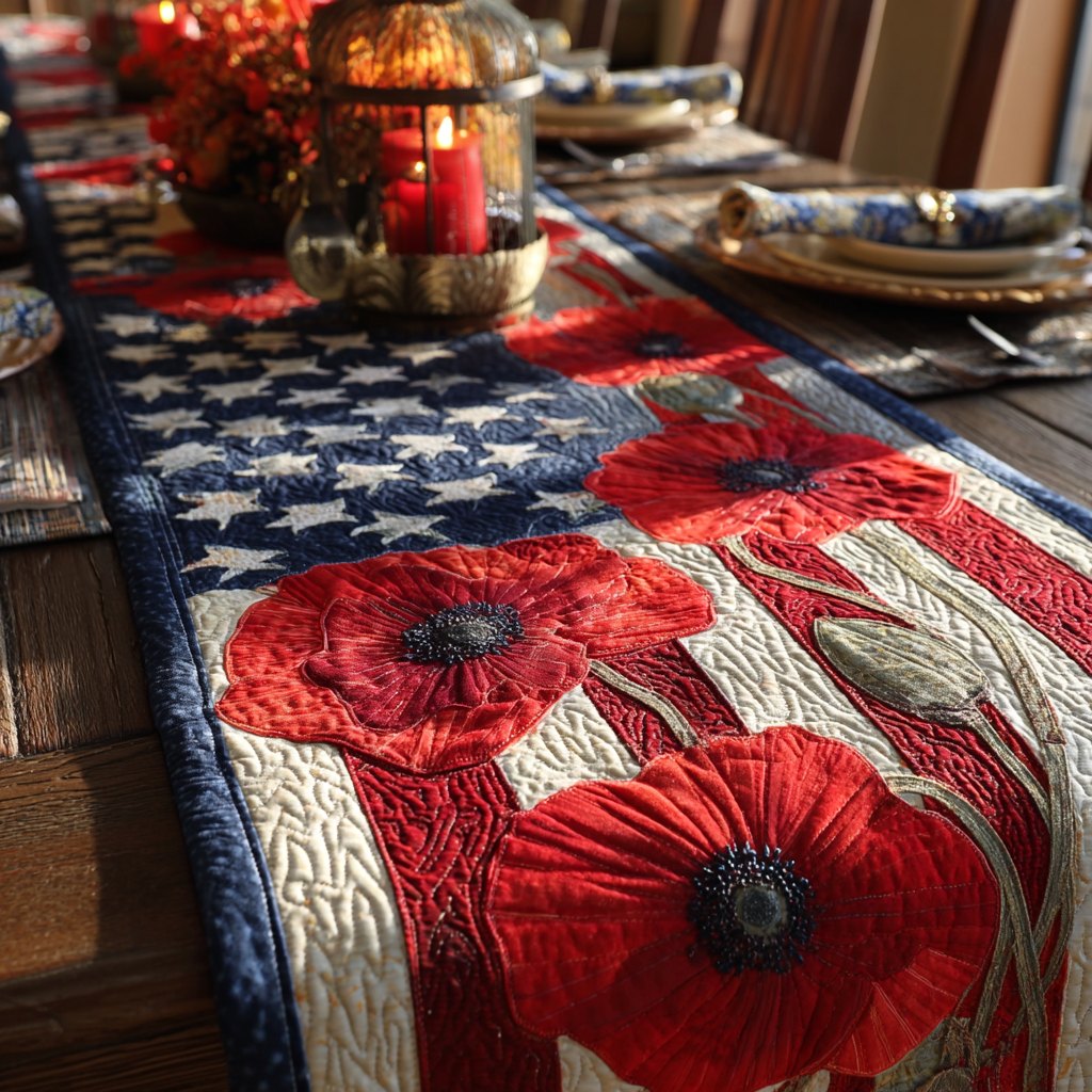 Star Flowers Red Poppies on Flag Stripes Table Runner
