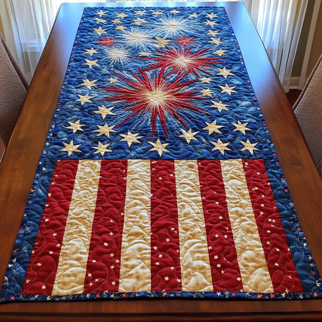 Fireworks Star on Flag Stripes Table Runner