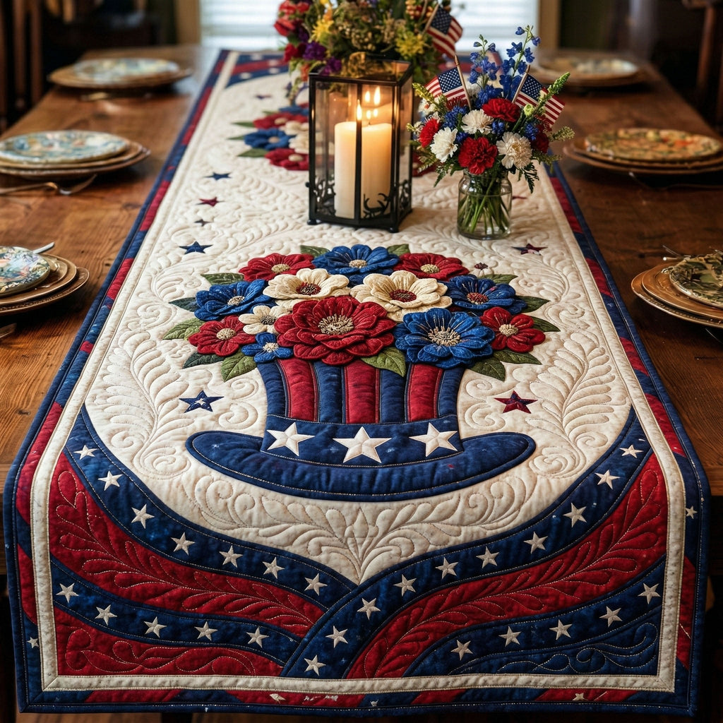 Patriotic Basket with Flowers Table Runner