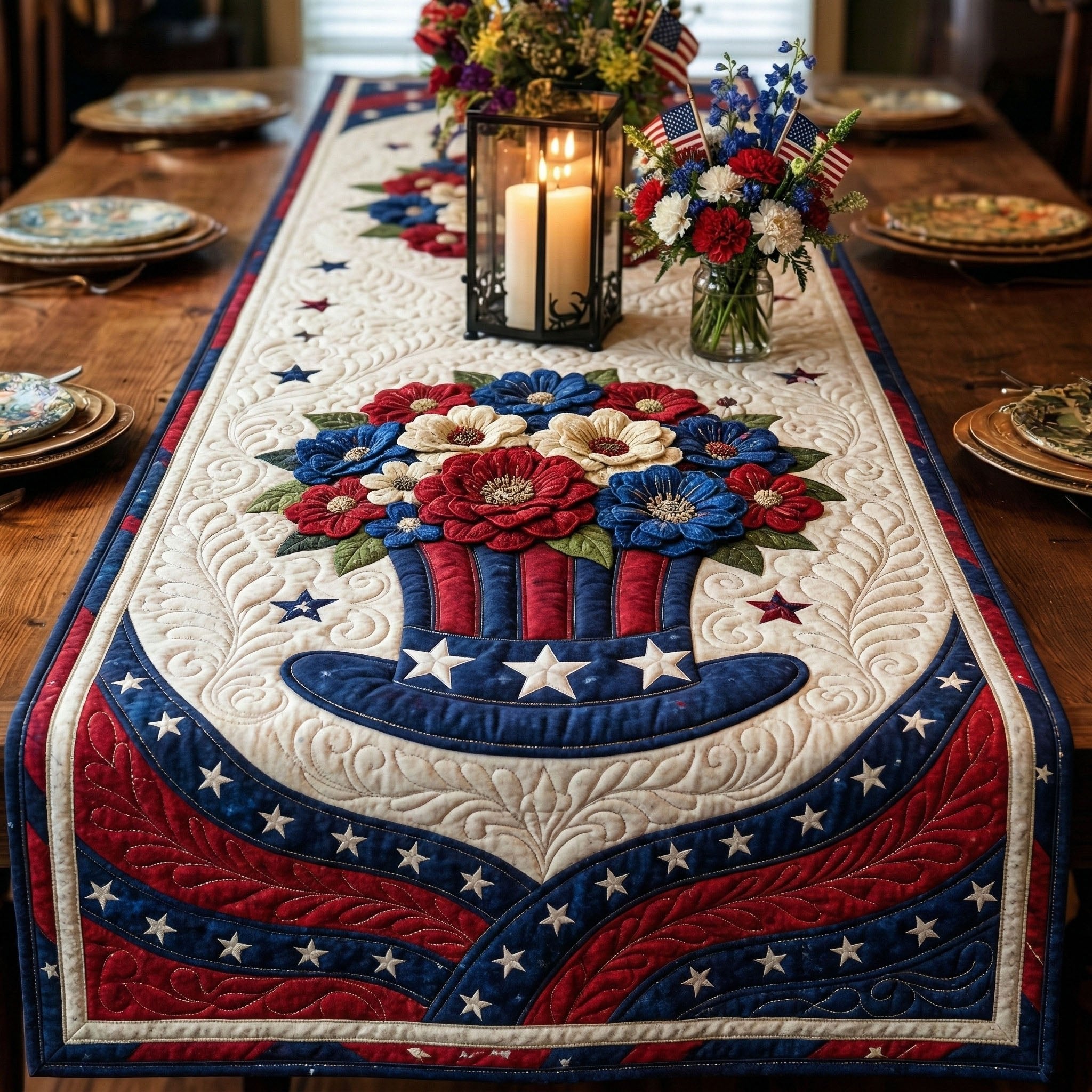 Patriotic Basket with Flowers Table Runner