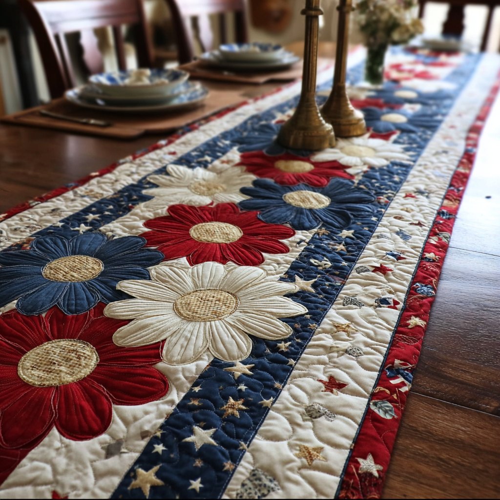 Red and White Daisies on Flag Table Runner