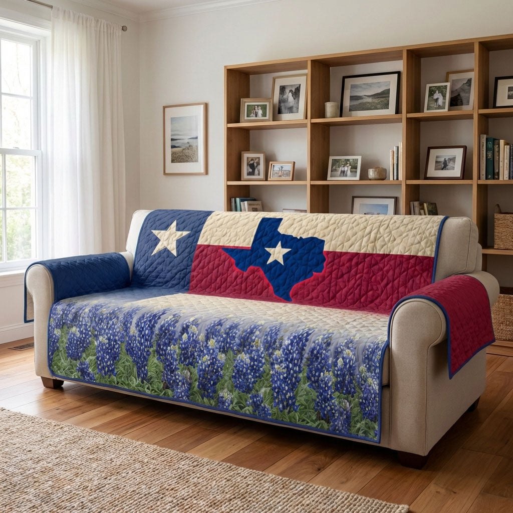 Texas Flag Above the Bluebonnets Sofa Cover