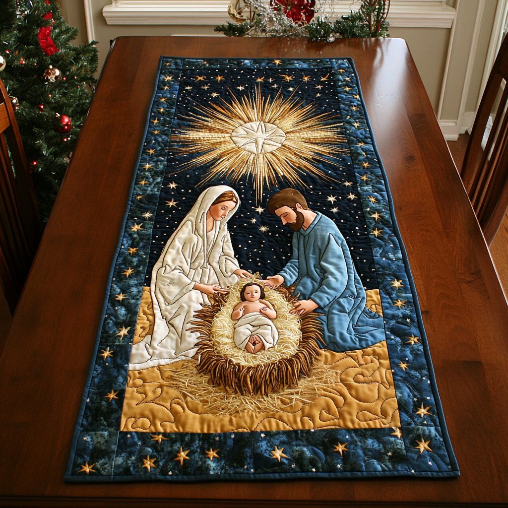 Nativity on Navy with Star Table Runner