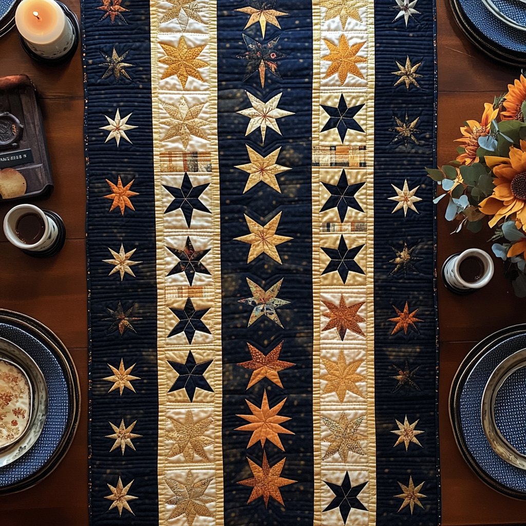 Star Blocks in Navy and Gold Table Runner