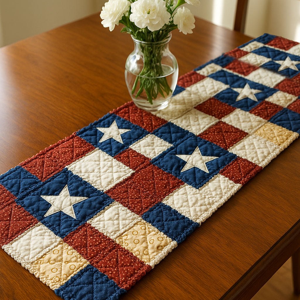 Patriotic Checkerboard with Stars Table Runner