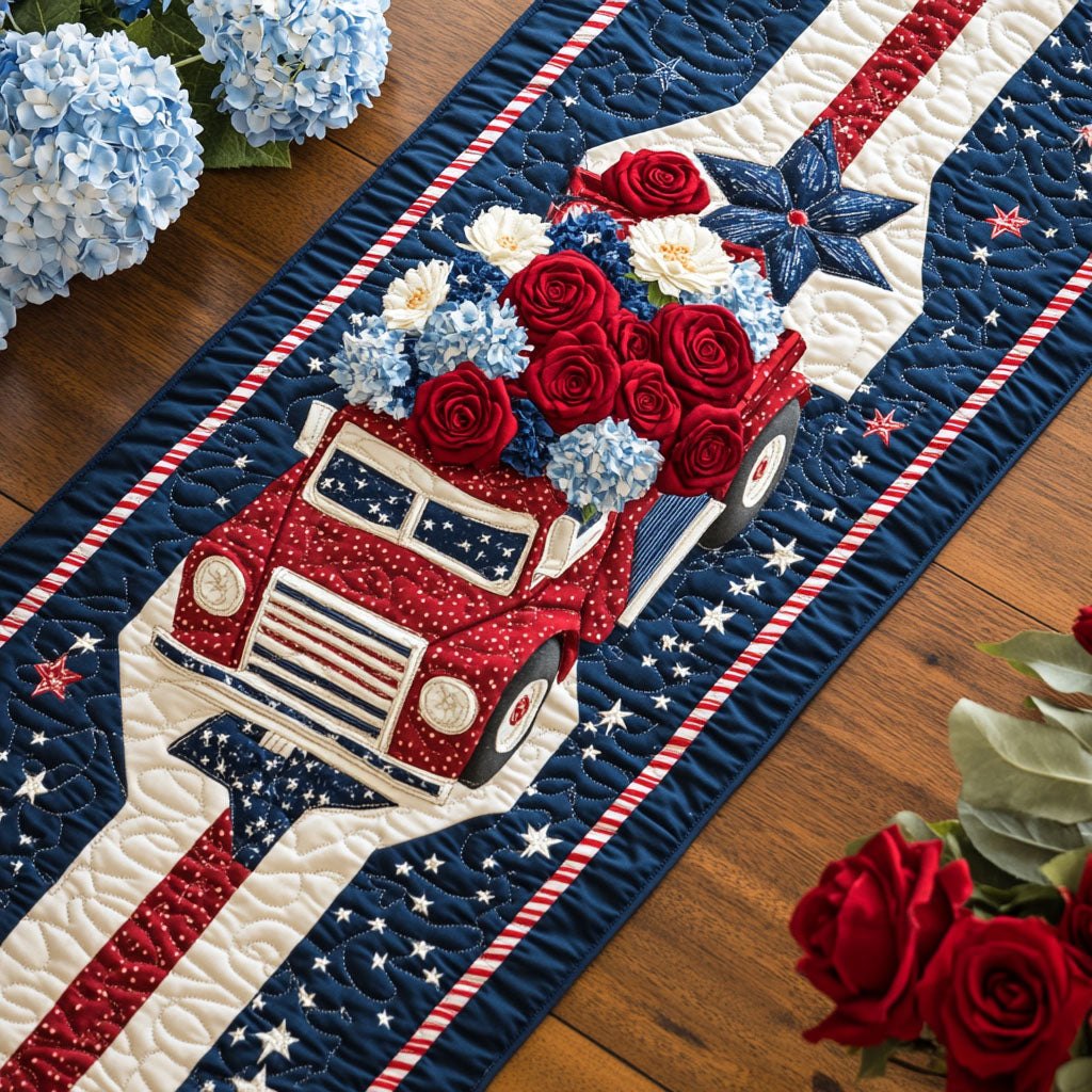 Red Truck with Patriotic Flowers Table Runner