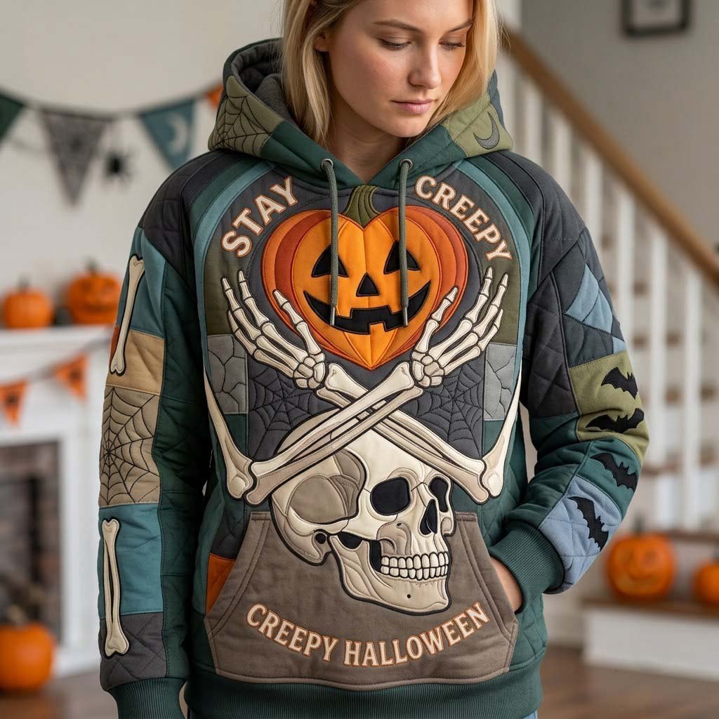 Stay Creepy Pumpkin and Crossbones hoodie, all-over print