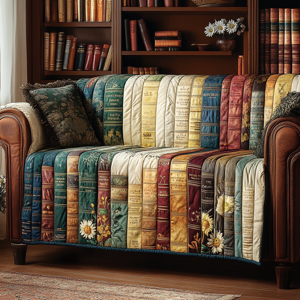 Book Spines with Sunflowers and Daisies Sofa Cover