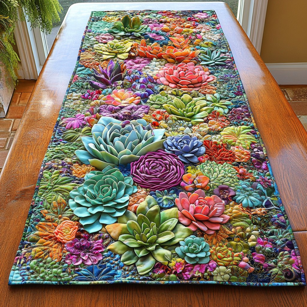 Dense Succulent Rosettes in Jewel Tones Table Runner