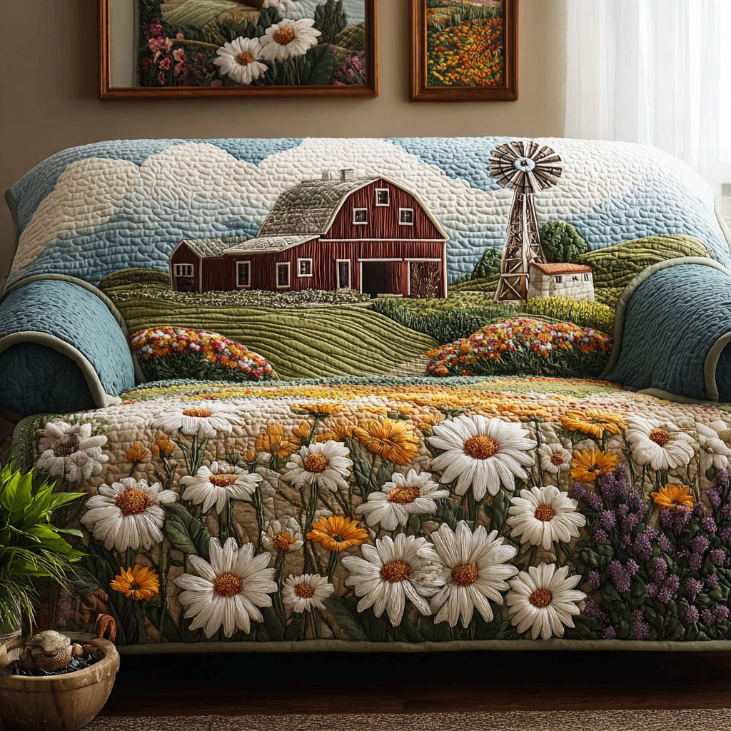 Red Barn Above Daisies and Fields Sofa Cover