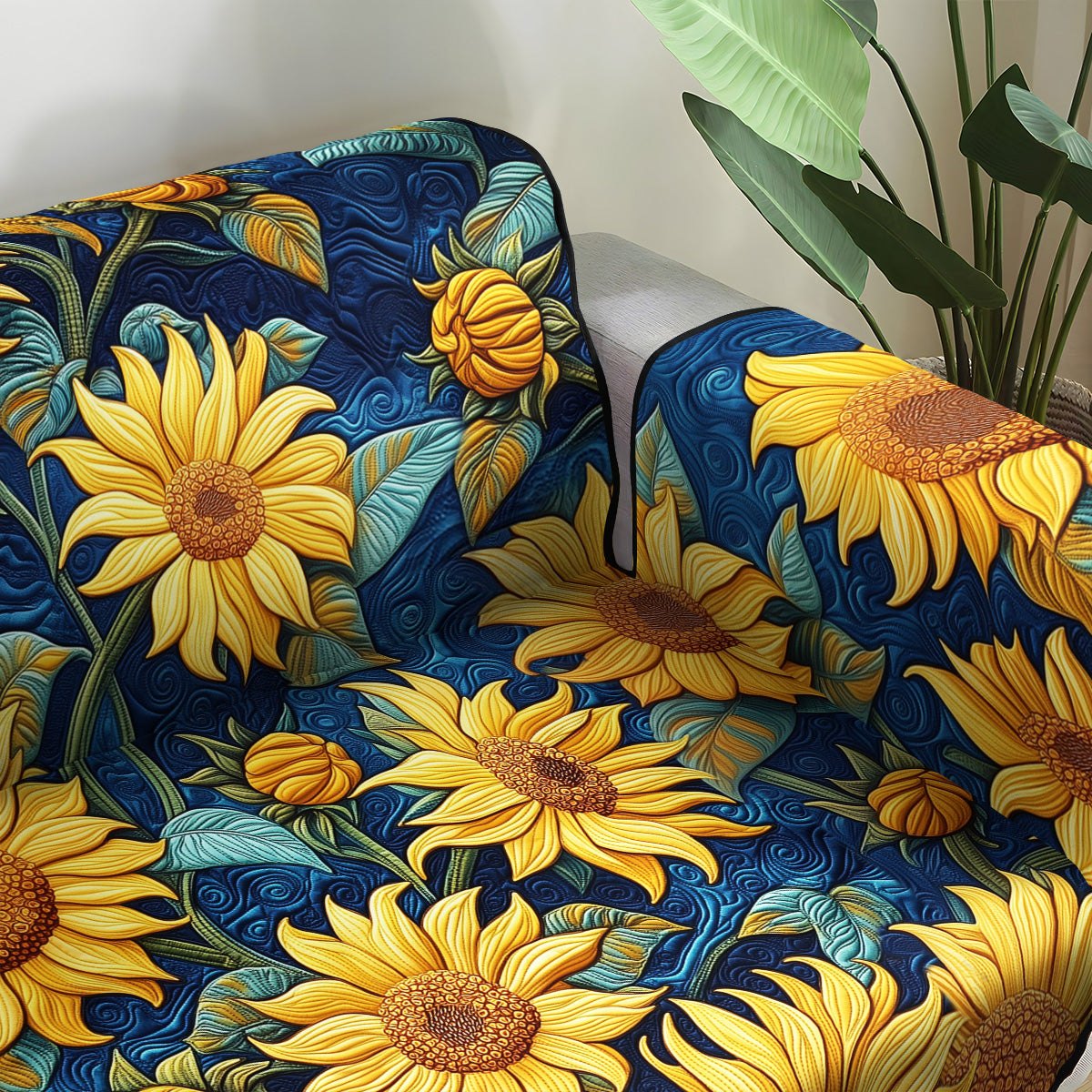 Sunflowers on Swirling Blue Sofa Cover