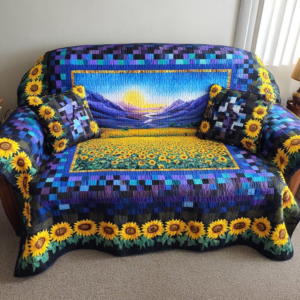 Sunflower Field Under Purple Mountains Sofa Cover
