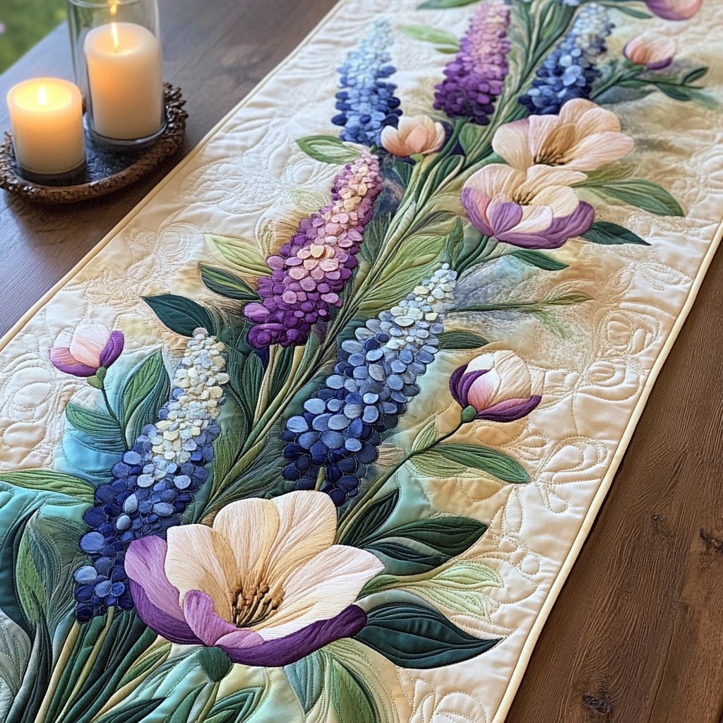 Purple Blooms on Cream Panel Table Runner