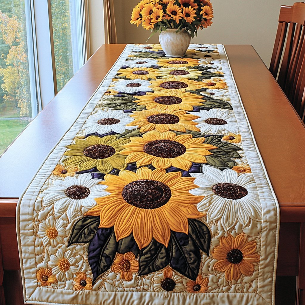 Sunflowers and Daisies on White Table Runner