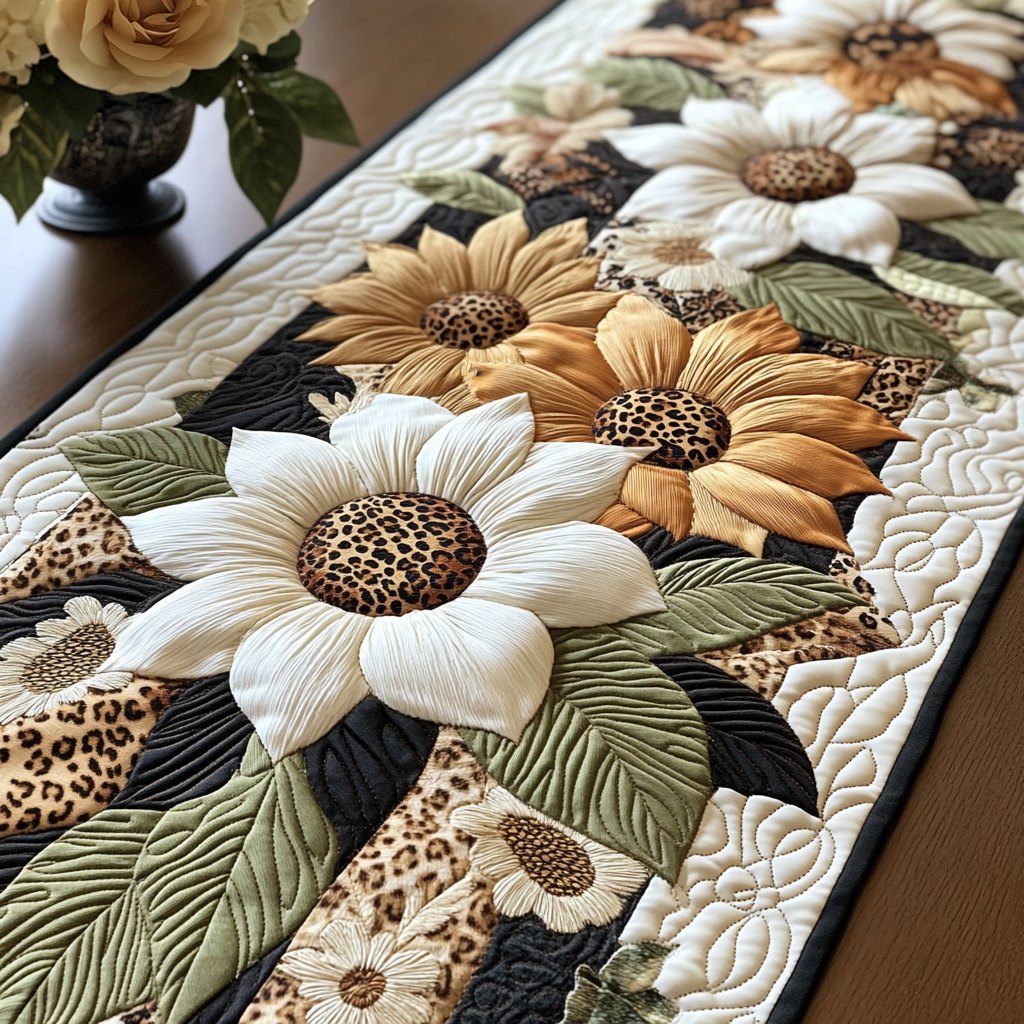 Cream Sunflower with Leopard Print Table Runner