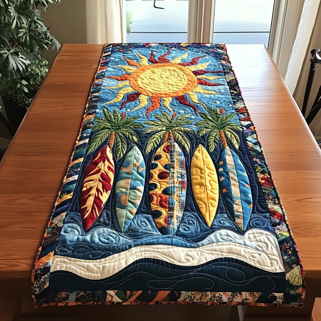 Surfboards Under Palm Trees and Sun Table Runner