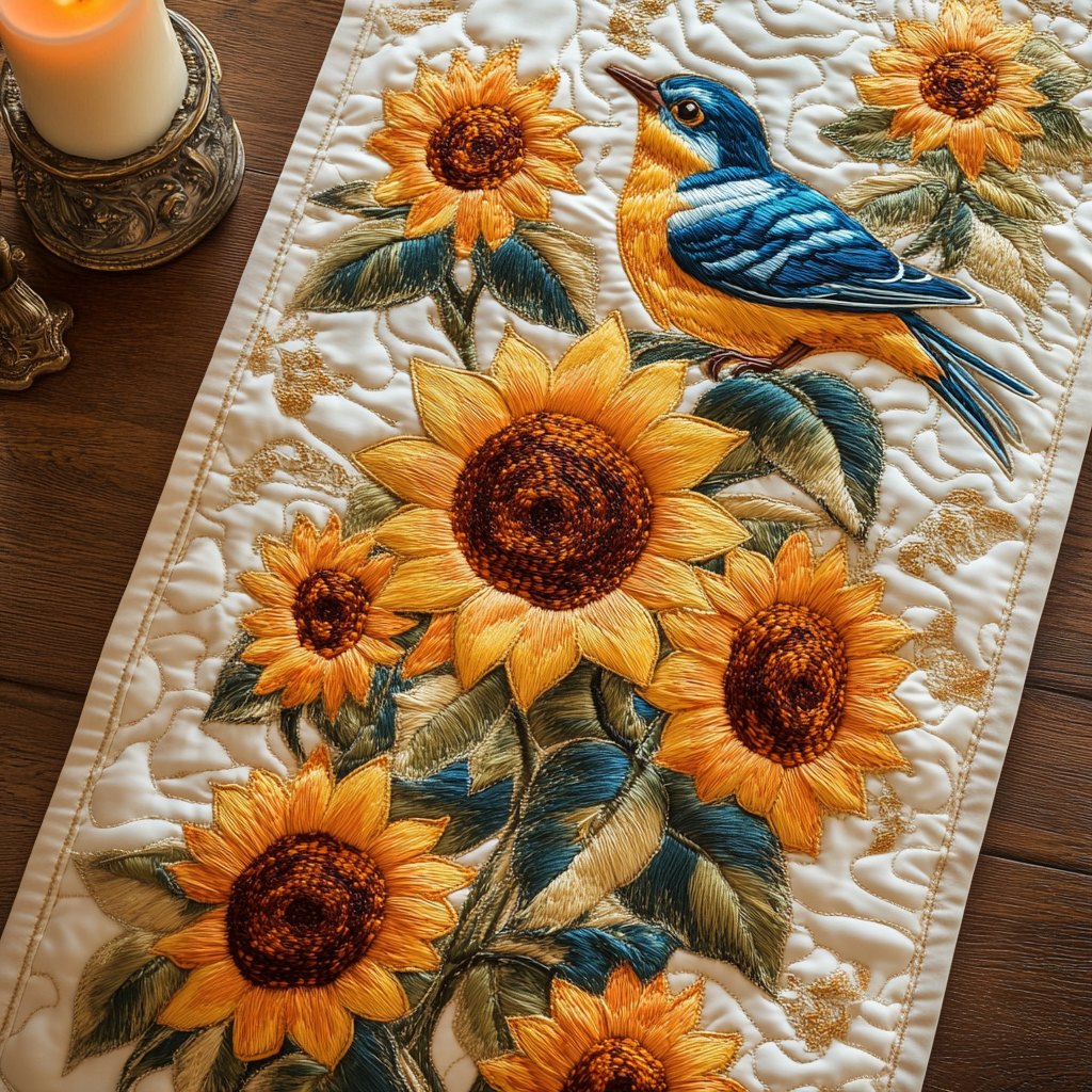 Golden Sunflowers and Blue Bird Table Runner