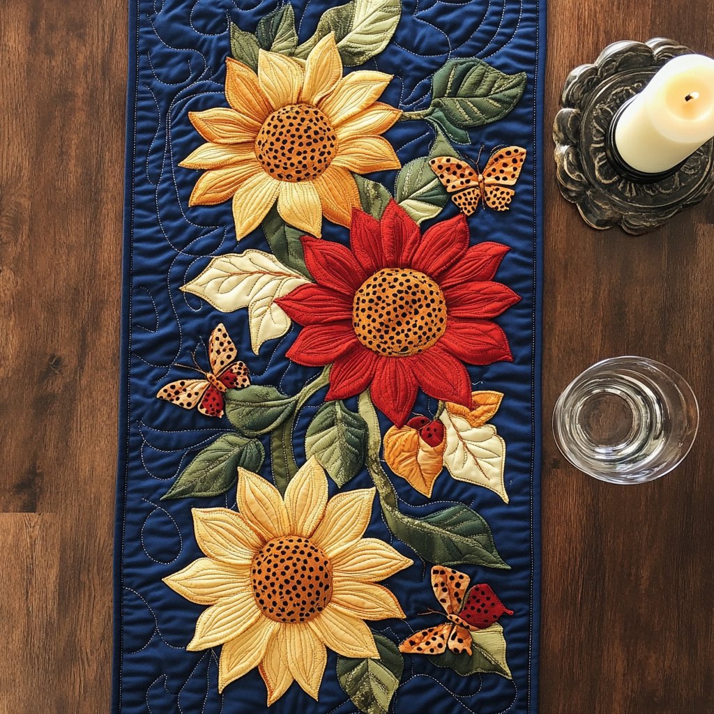 Red Sunflower and Butterflies on Navy Table Runner