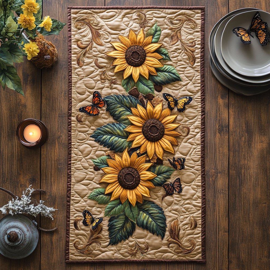 Sunflowers with Butterflies on Cream Table Runner