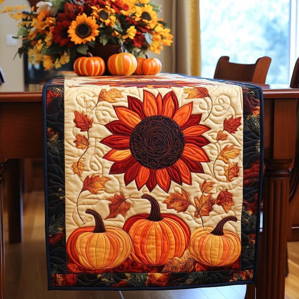Sunflower Above Orange Pumpkins Table Runner