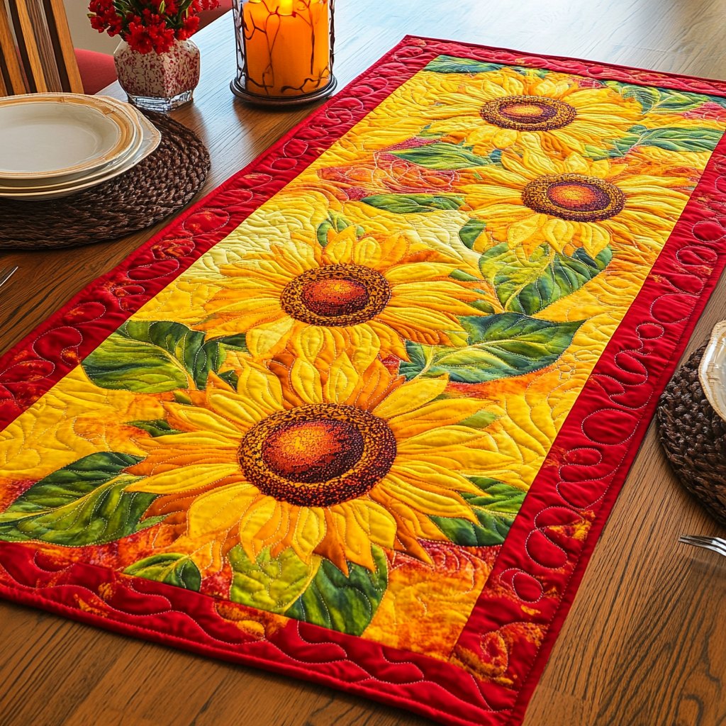 Sunflowers on Red and Yellow Table Runner