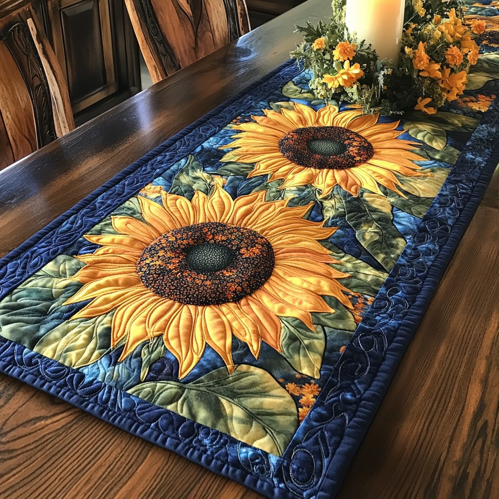Sunflower on Navy with Leaves Table Runner