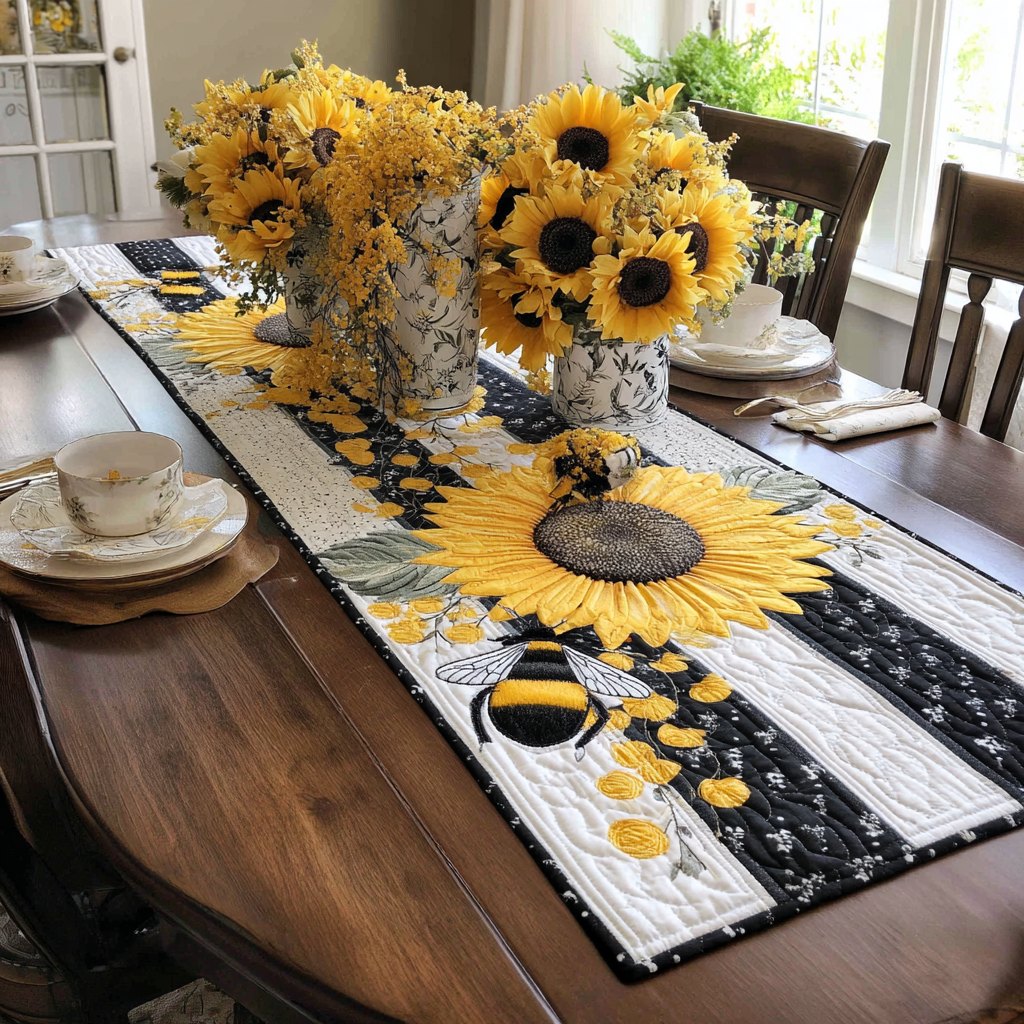 Sunflower on Black and White Stripes Table Runner