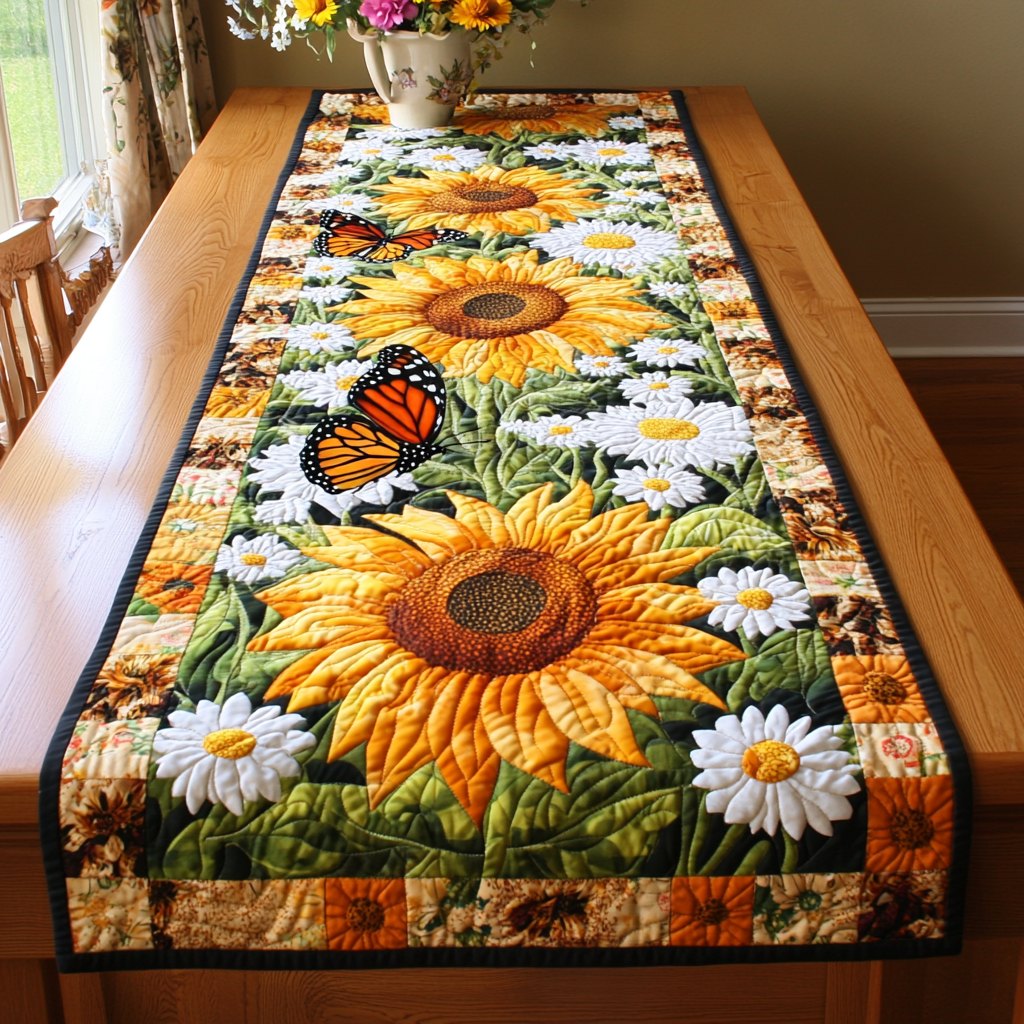Sunflowers with Daisies and Butterfly Table Runner