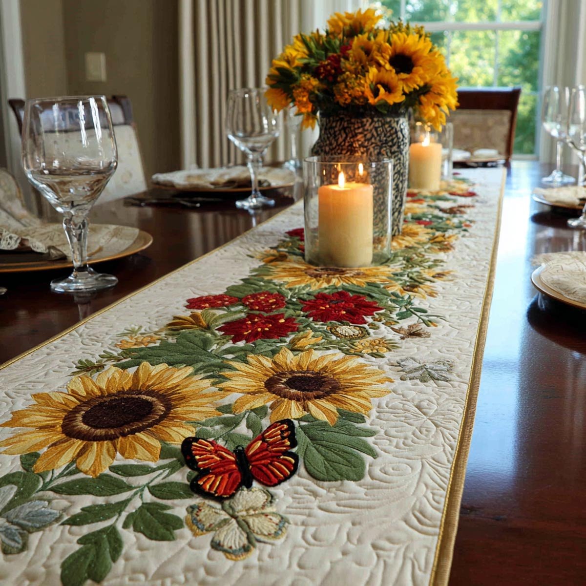Sunflowers with Butterfly on Ivory Table Runner
