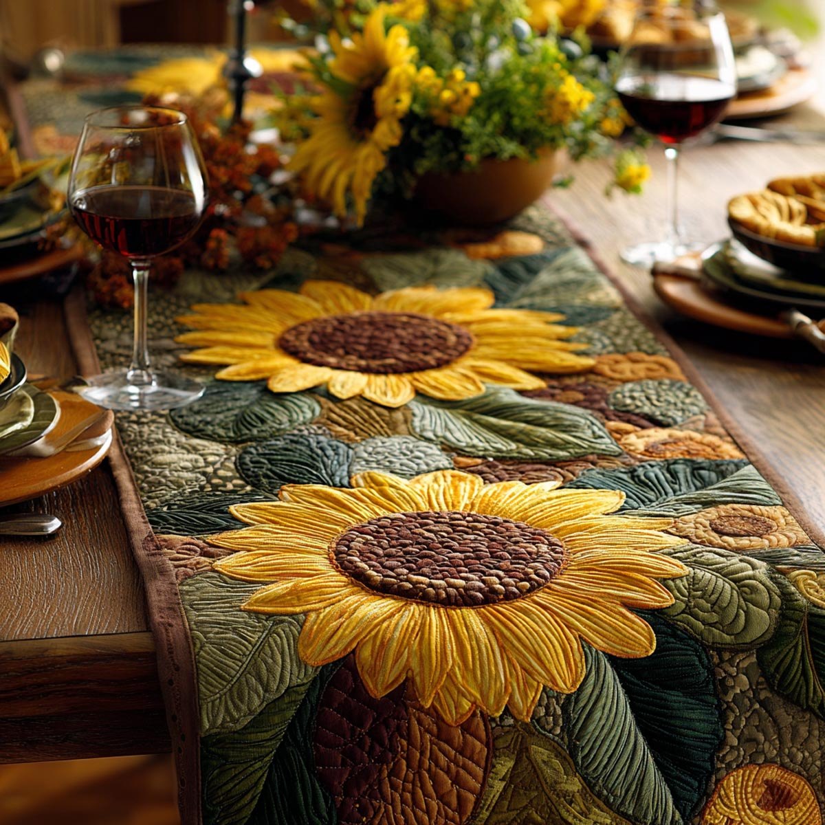 Sunflower with Broad Green Leaves Table Runner