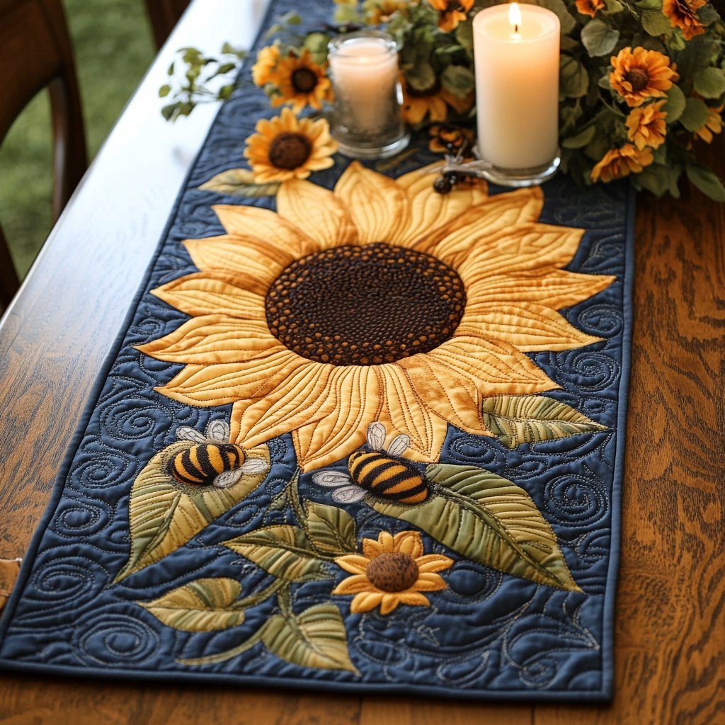 Sunflower with Bees on Navy Table Runner