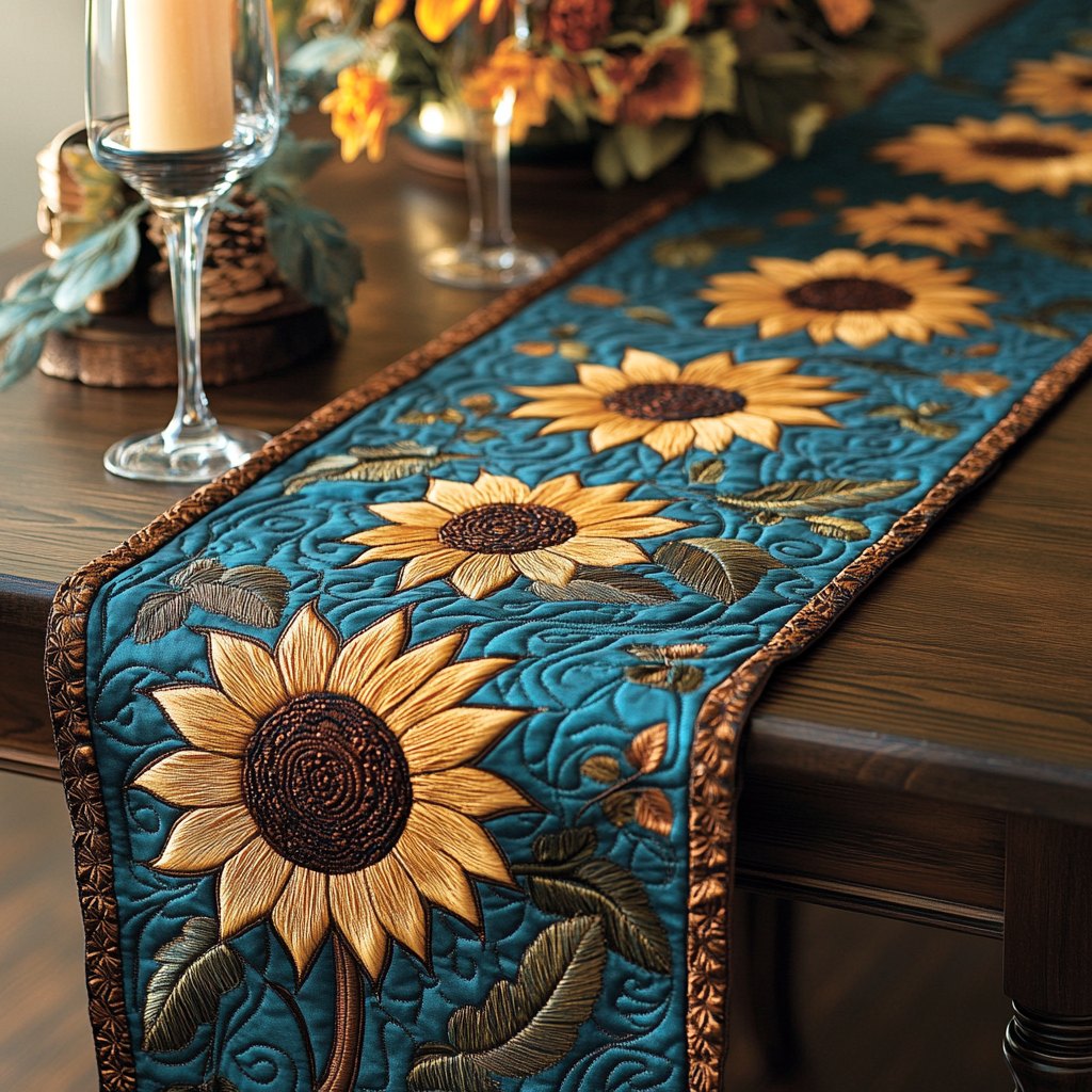 Sunflowers on Teal Swirls Table Runner