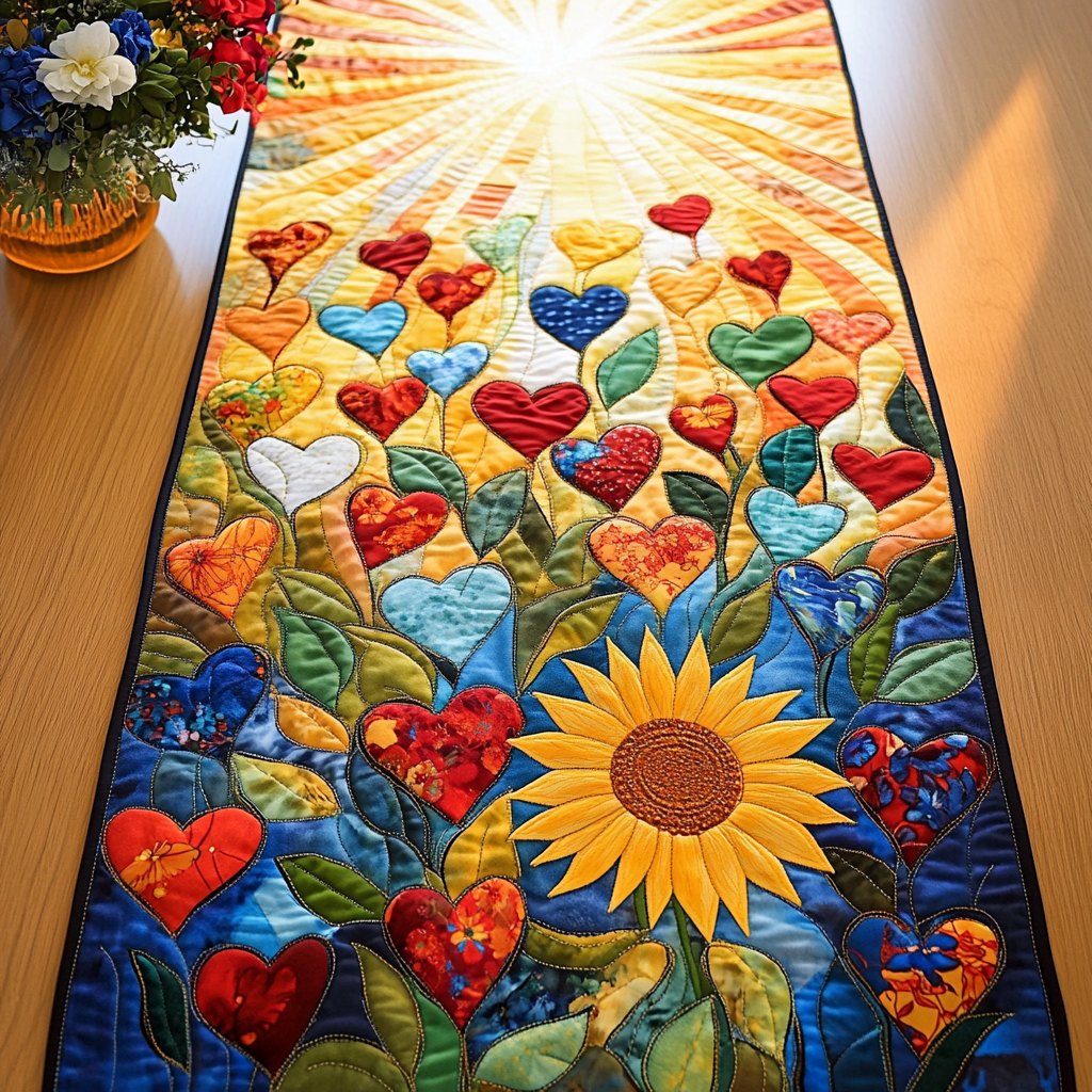 Sunflower with Red Hearts on Blue Table Runner