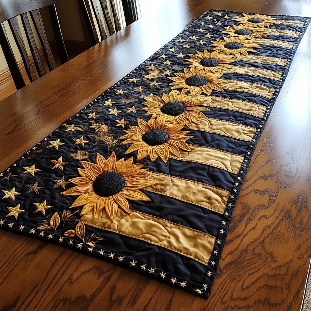 Sunflowers on Flag Stripes Table Runner